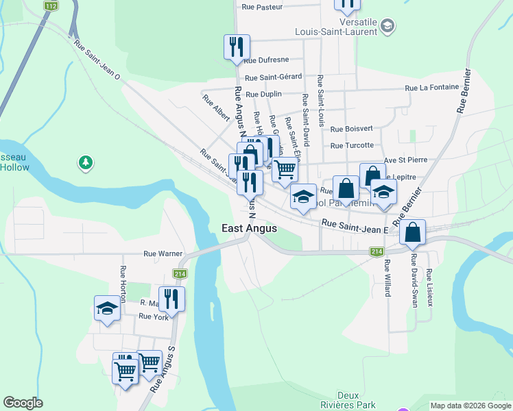 map of restaurants, bars, coffee shops, grocery stores, and more near 50 Rue Angus Nord in East Angus