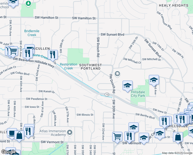 map of restaurants, bars, coffee shops, grocery stores, and more near 5440 Southwest Martha Terrace in Portland