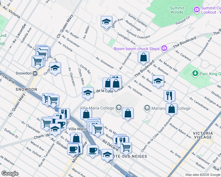 map of restaurants, bars, coffee shops, grocery stores, and more near 4851 Côte Saint Luc Road in Montreal