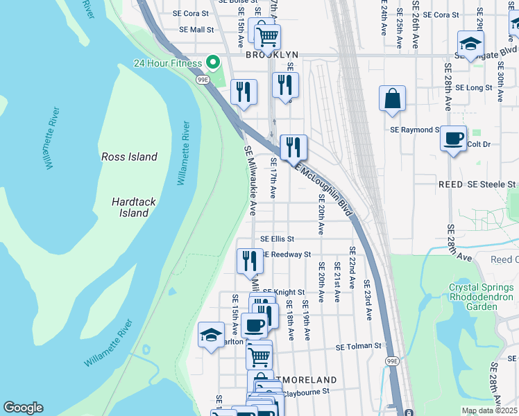 map of restaurants, bars, coffee shops, grocery stores, and more near 1624 Southeast Harold Street in Portland