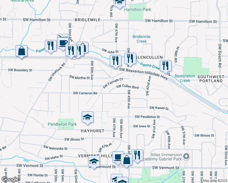 map of restaurants, bars, coffee shops, grocery stores, and more near 4645 Southwest Cameron Road in Portland