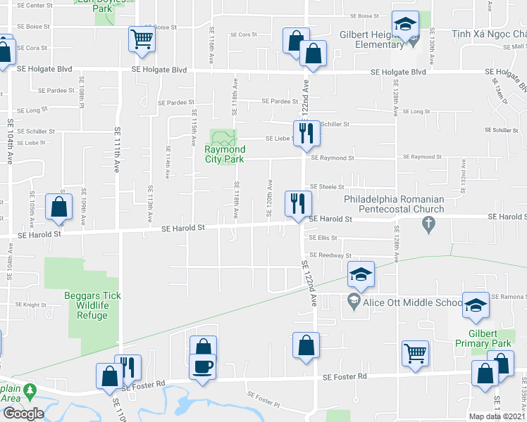 map of restaurants, bars, coffee shops, grocery stores, and more near 11938 Southeast Harold Street in Portland