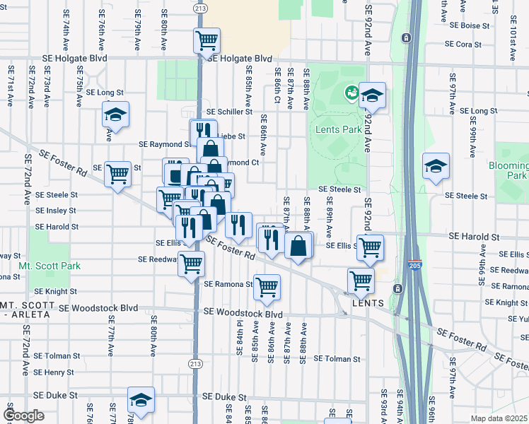 map of restaurants, bars, coffee shops, grocery stores, and more near 5430 Southeast 85th Avenue in Portland