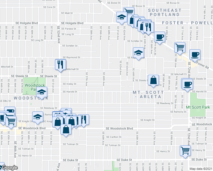 map of restaurants, bars, coffee shops, grocery stores, and more near 5506 Southeast 61st Avenue in Portland