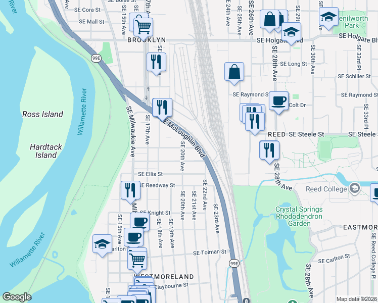 map of restaurants, bars, coffee shops, grocery stores, and more near 2048 Southeast Harold Street in Portland
