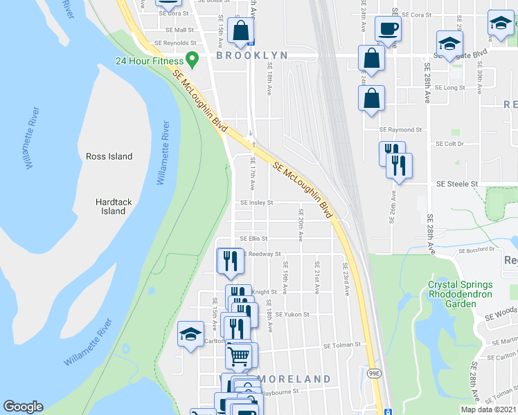 map of restaurants, bars, coffee shops, grocery stores, and more near 1800 Southeast Harold Street in Portland