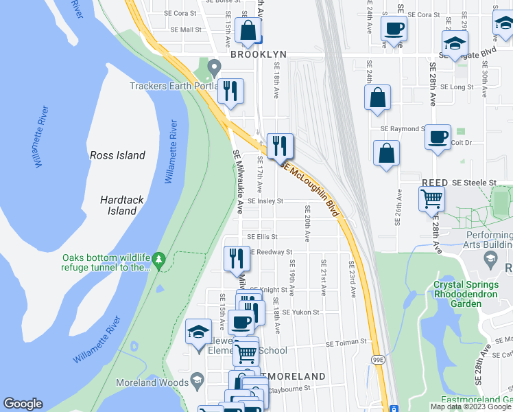 map of restaurants, bars, coffee shops, grocery stores, and more near 1624 Southeast Harold Street in Portland