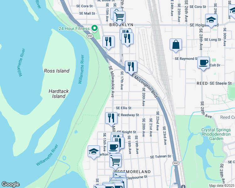 map of restaurants, bars, coffee shops, grocery stores, and more near 1624 Southeast Harold Street in Portland