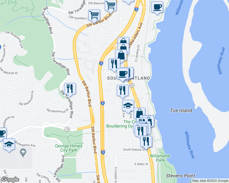map of restaurants, bars, coffee shops, grocery stores, and more near 5611 South Corbett Avenue in Portland