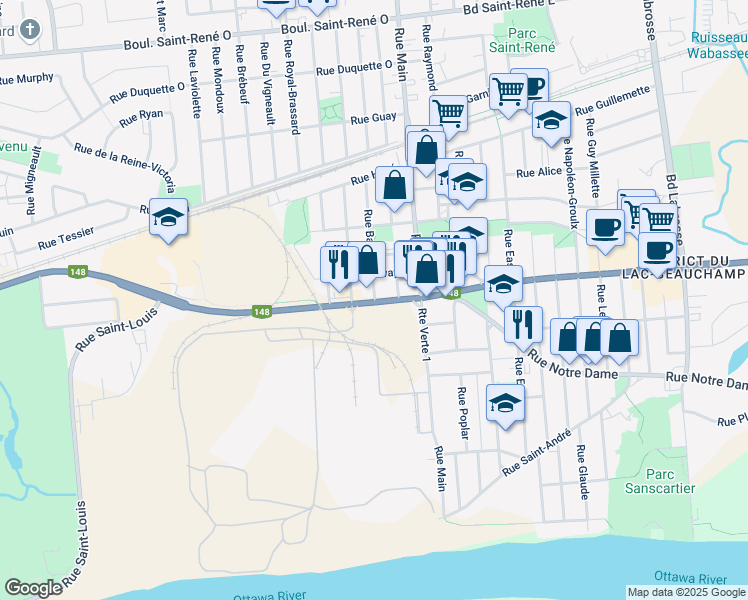 map of restaurants, bars, coffee shops, grocery stores, and more near 195 Boulevard Maloney Ouest in Gatineau
