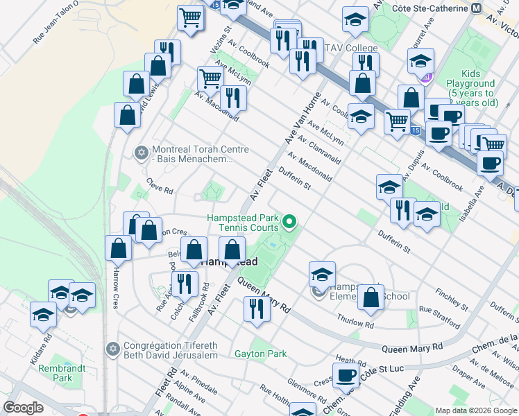 map of restaurants, bars, coffee shops, grocery stores, and more near 17 Rue Baronscourt in Hampstead