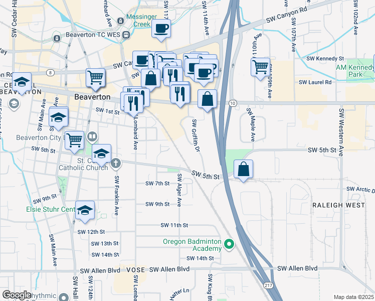 map of restaurants, bars, coffee shops, grocery stores, and more near 4925 Southwest Griffith Drive in Beaverton