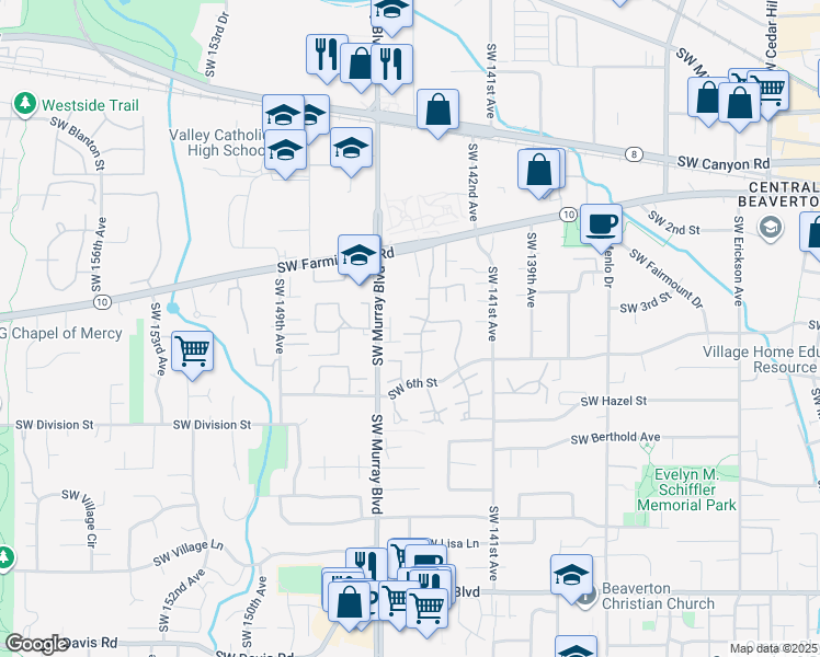 map of restaurants, bars, coffee shops, grocery stores, and more near 4985 Southwest Normandy Place in Beaverton