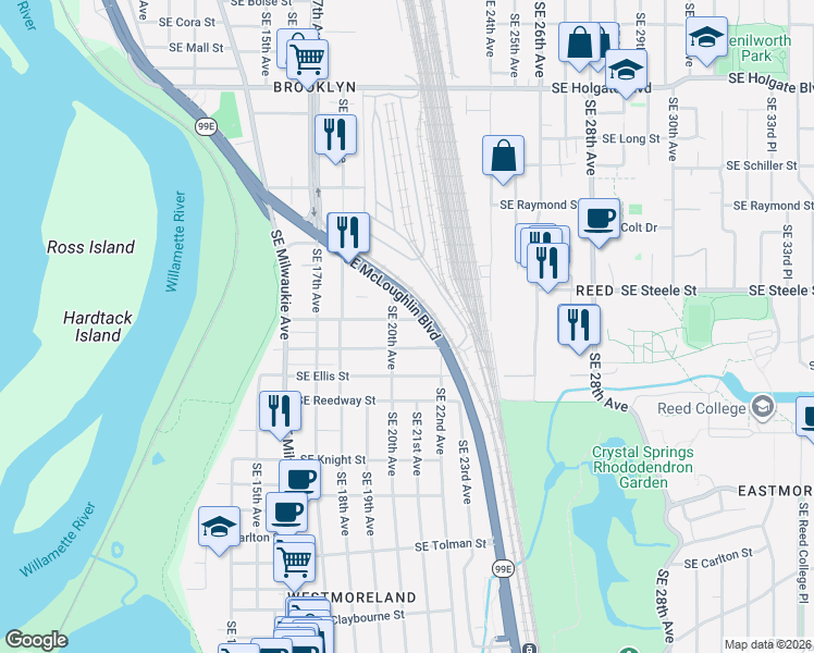 map of restaurants, bars, coffee shops, grocery stores, and more near 2048 Southeast Harold Street in Portland