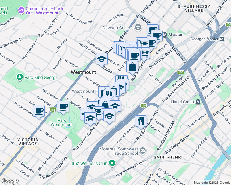 map of restaurants, bars, coffee shops, grocery stores, and more near 215 Avenue Redfern in Westmount