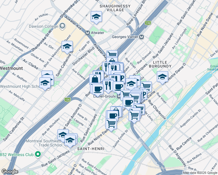 map of restaurants, bars, coffee shops, grocery stores, and more near in Montreal