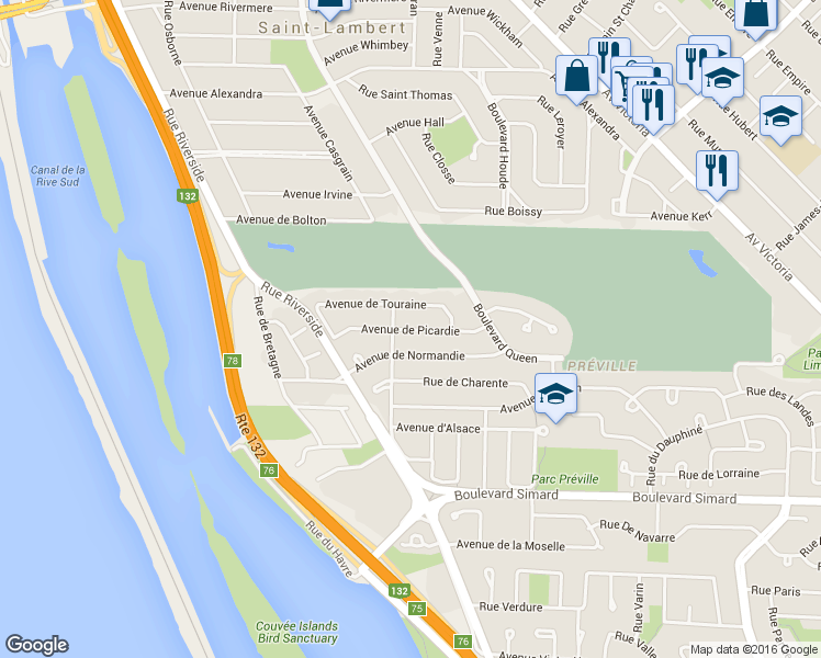 map of restaurants, bars, coffee shops, grocery stores, and more near 125 Avenue de Picardie in Saint-Lambert