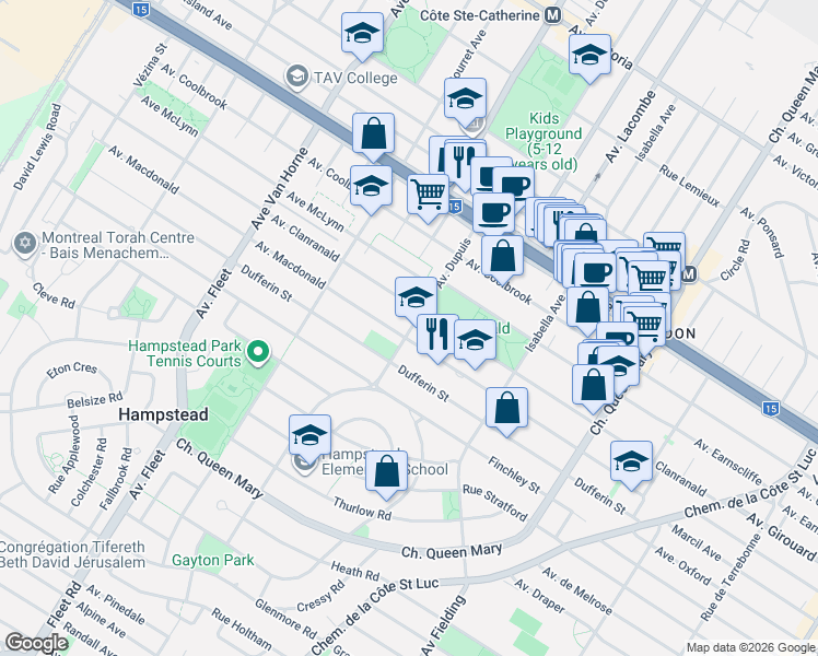 map of restaurants, bars, coffee shops, grocery stores, and more near 5533 Avenue Dupuis in Montréal