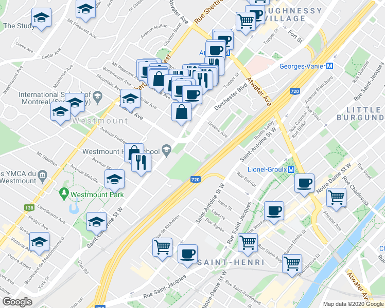 map of restaurants, bars, coffee shops, grocery stores, and more near 93 Avenue Hallowell in Westmount