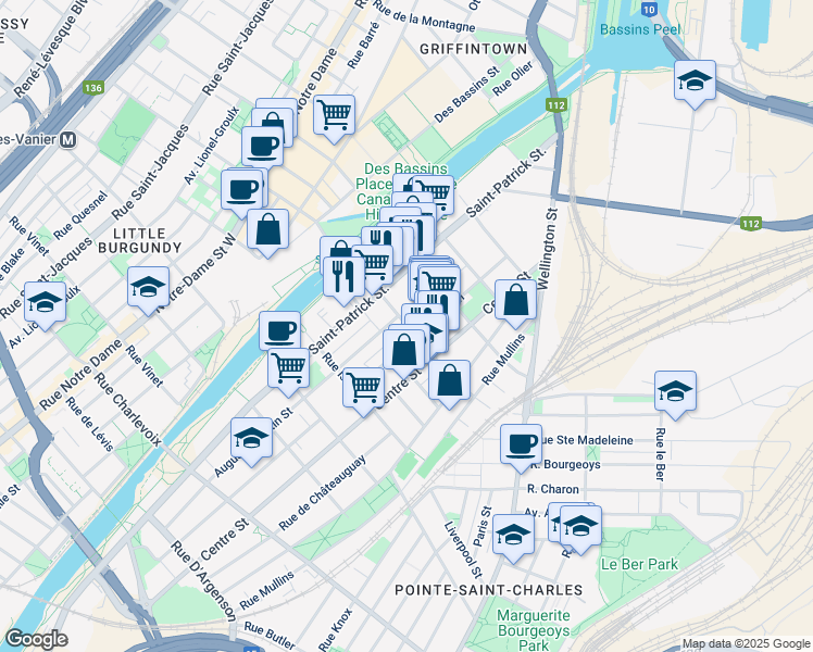 map of restaurants, bars, coffee shops, grocery stores, and more near 1284 Shearer Street in Montreal