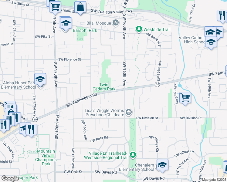 map of restaurants, bars, coffee shops, grocery stores, and more near SW 162nd Ct & OR-10 in Aloha