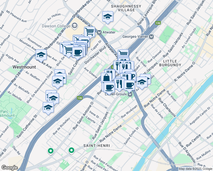map of restaurants, bars, coffee shops, grocery stores, and more near Rue Saint-Antoine Ouest in Montréal