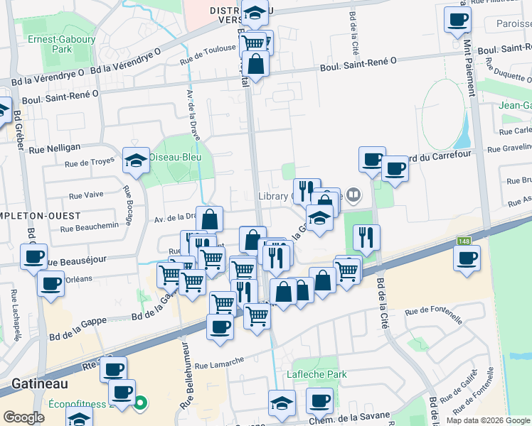 map of restaurants, bars, coffee shops, grocery stores, and more near 190 Boulevard de l'Hôpital in Gatineau