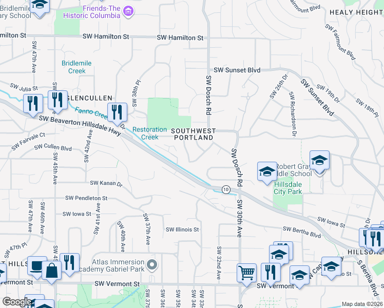map of restaurants, bars, coffee shops, grocery stores, and more near 5324 Southwest 34th Place in Portland