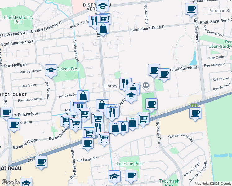 map of restaurants, bars, coffee shops, grocery stores, and more near 84 Rue de Rouville in Gatineau
