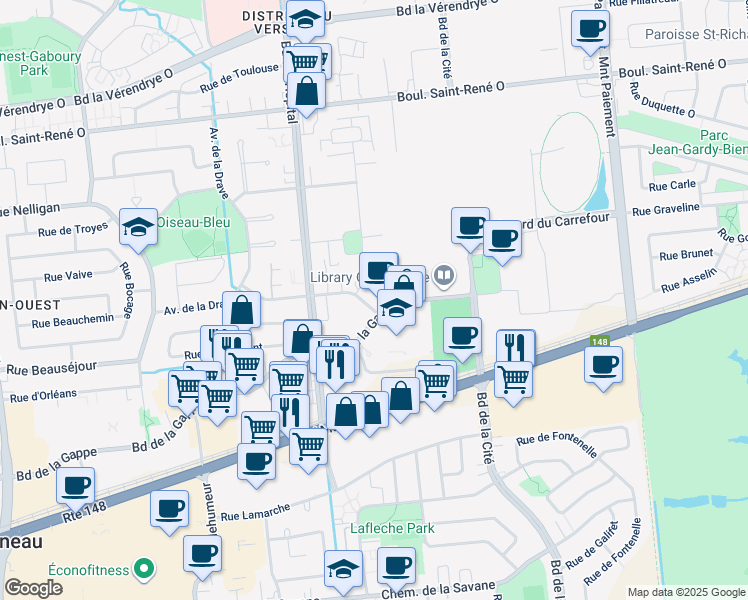 map of restaurants, bars, coffee shops, grocery stores, and more near 99 Rue de Rouville in Gatineau