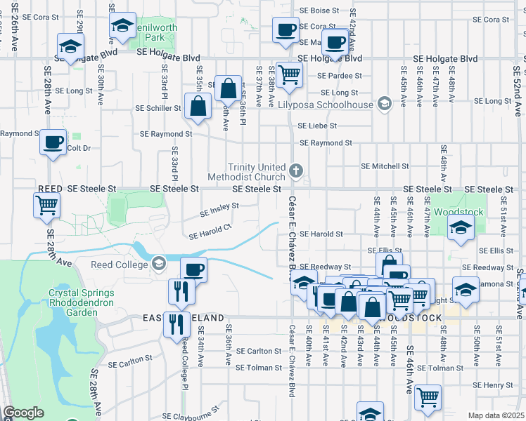 map of restaurants, bars, coffee shops, grocery stores, and more near 5360 Southeast 37th Avenue in Portland