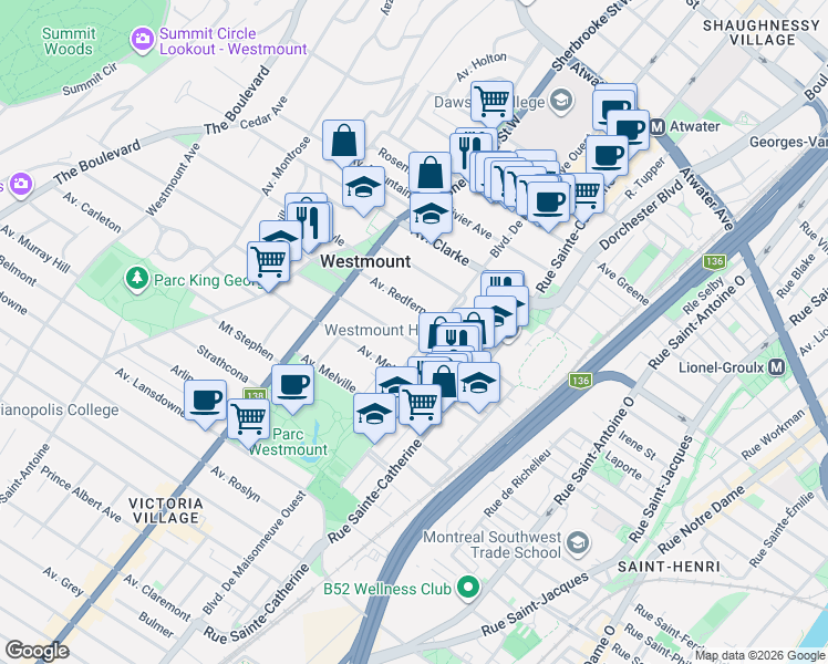 map of restaurants, bars, coffee shops, grocery stores, and more near 315 Avenue Kensington in Westmount