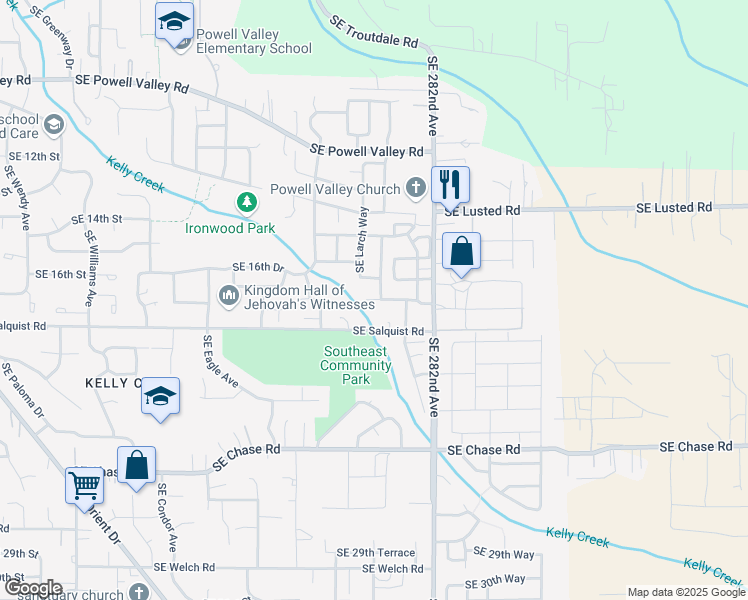 map of restaurants, bars, coffee shops, grocery stores, and more near 1633 Southeast Larch Way in Gresham