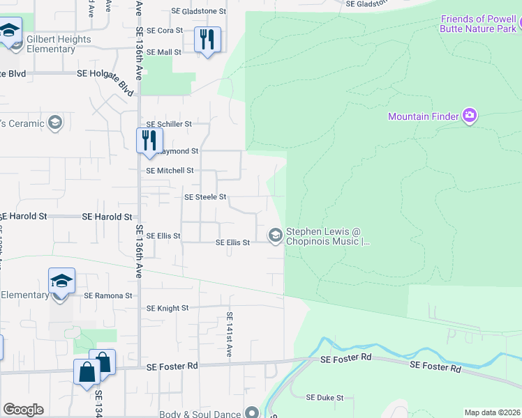 map of restaurants, bars, coffee shops, grocery stores, and more near 14450 Southeast Steele Street in Portland