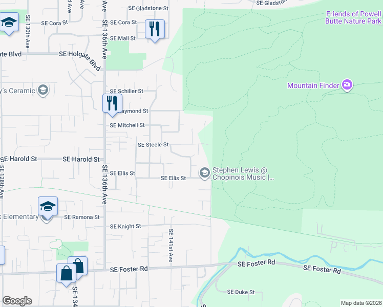 map of restaurants, bars, coffee shops, grocery stores, and more near 14143 Southeast Steele Street in Portland
