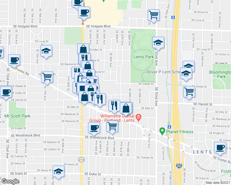 map of restaurants, bars, coffee shops, grocery stores, and more near 5307 Southeast 87th Avenue in Portland