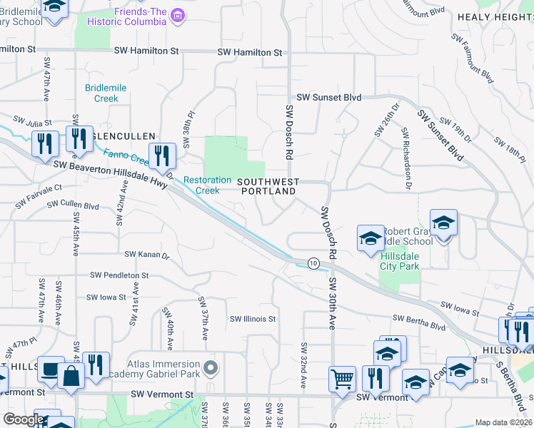 map of restaurants, bars, coffee shops, grocery stores, and more near 5324 Southwest 34th Place in Portland