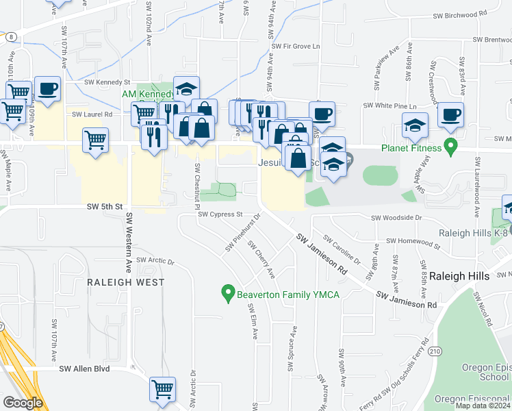 map of restaurants, bars, coffee shops, grocery stores, and more near 4925 Southwest Jamieson Road in Beaverton