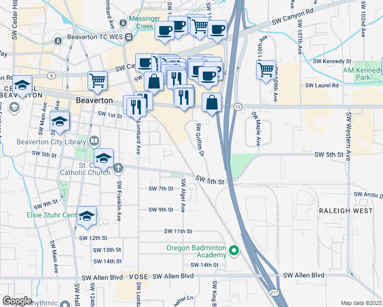 map of restaurants, bars, coffee shops, grocery stores, and more near 4905 Southwest Griffith Drive in Beaverton