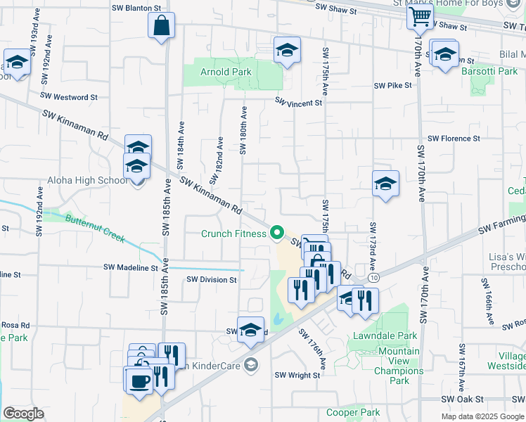 map of restaurants, bars, coffee shops, grocery stores, and more near 17939 Southwest Meadowbrook Way in Beaverton