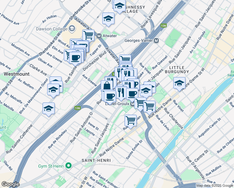 map of restaurants, bars, coffee shops, grocery stores, and more near in Montreal