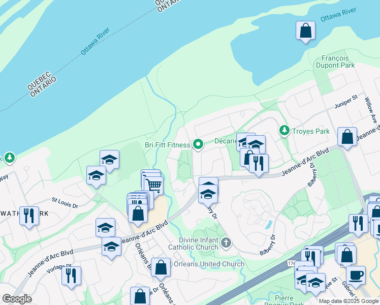 map of restaurants, bars, coffee shops, grocery stores, and more near in Ottawa