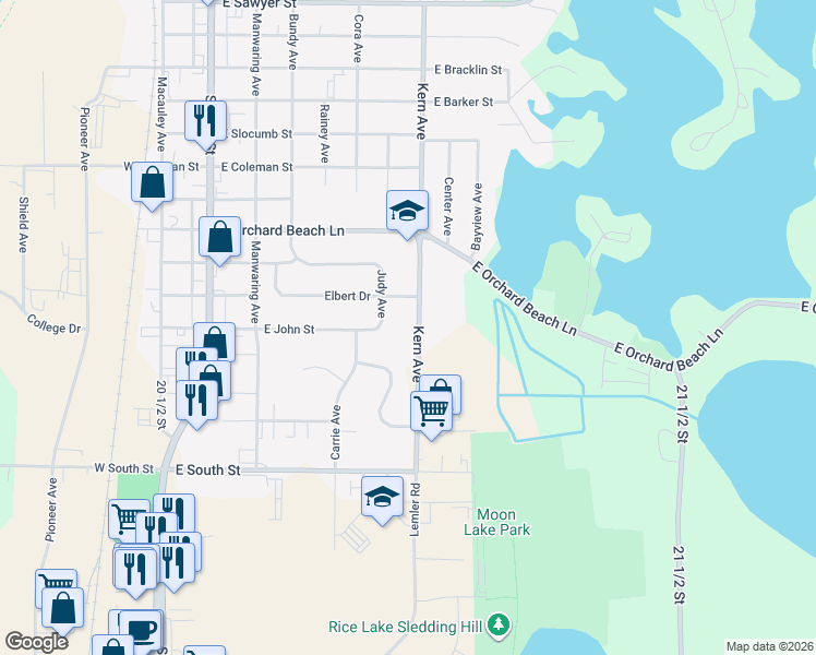 map of restaurants, bars, coffee shops, grocery stores, and more near 1625 Kern Avenue in Rice Lake