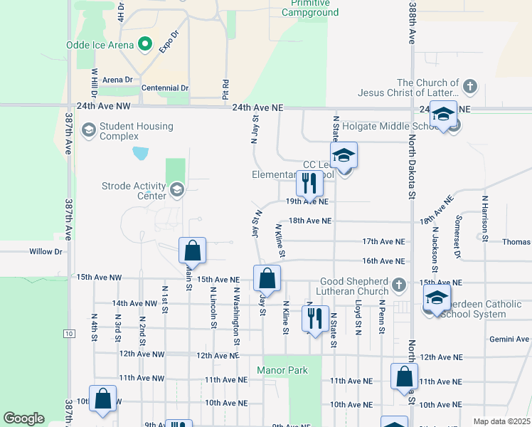 map of restaurants, bars, coffee shops, grocery stores, and more near Jay St N in Aberdeen
