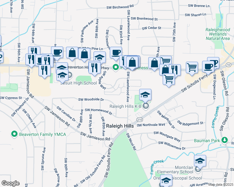 map of restaurants, bars, coffee shops, grocery stores, and more near 8350 Southwest Apple Way in Portland