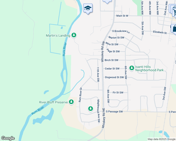 map of restaurants, bars, coffee shops, grocery stores, and more near 703 Rum River Drive in Isanti