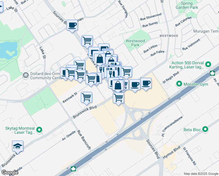 map of restaurants, bars, coffee shops, grocery stores, and more near 3366 Boulevard des Sources in Dollard-des-Ormeaux