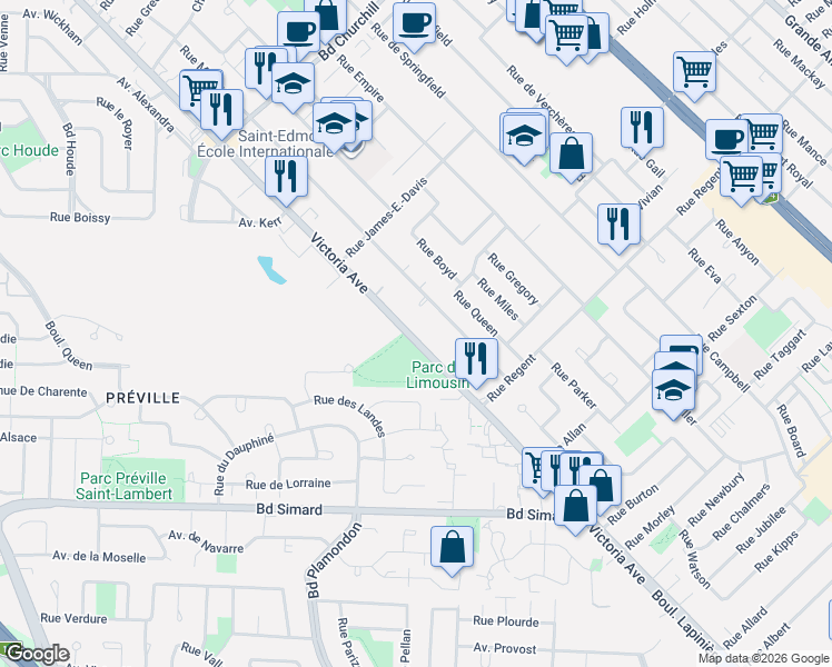 map of restaurants, bars, coffee shops, grocery stores, and more near 1724 Avenue Victoria in Longueuil