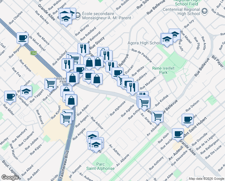 map of restaurants, bars, coffee shops, grocery stores, and more near 2130 Avenue Auguste in Brossard