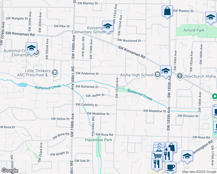 map of restaurants, bars, coffee shops, grocery stores, and more near 19365 Southwest Butternut Street in Beaverton